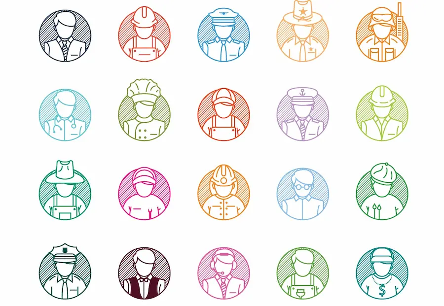 Petites vignettes rondes de couleurs qui représentent chacune un portrait d'un métier